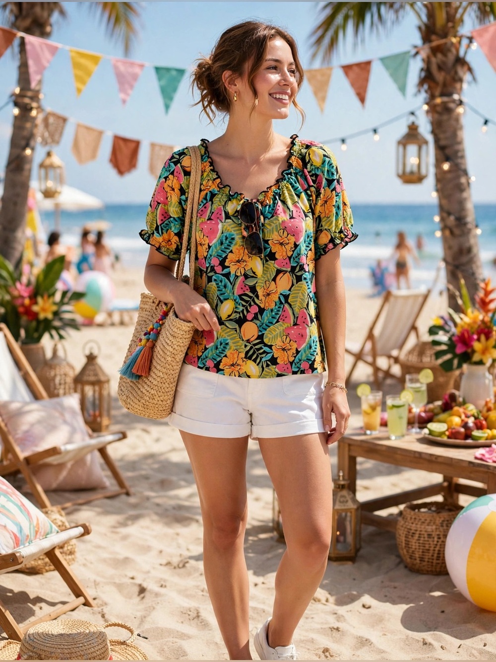 Cato Black Tropical Off-Shoulder Tunic with Pink, Yellow & Teal Print